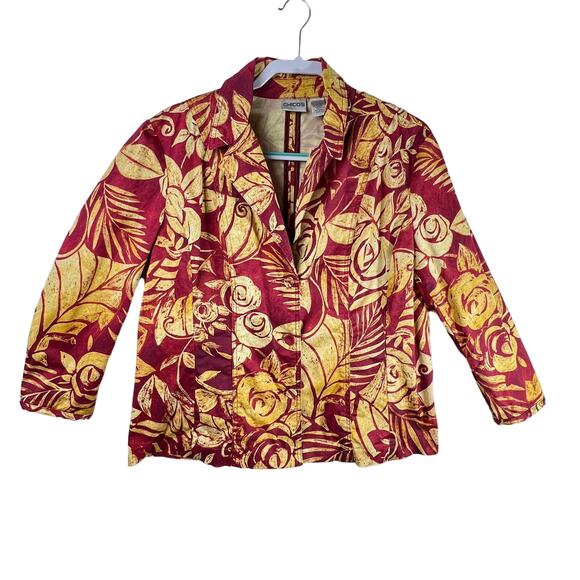 Chicos Womens Size 3 XL Blazer Jacket Long Sleeve Button Floral Red Yellow - Picture 1 of 8